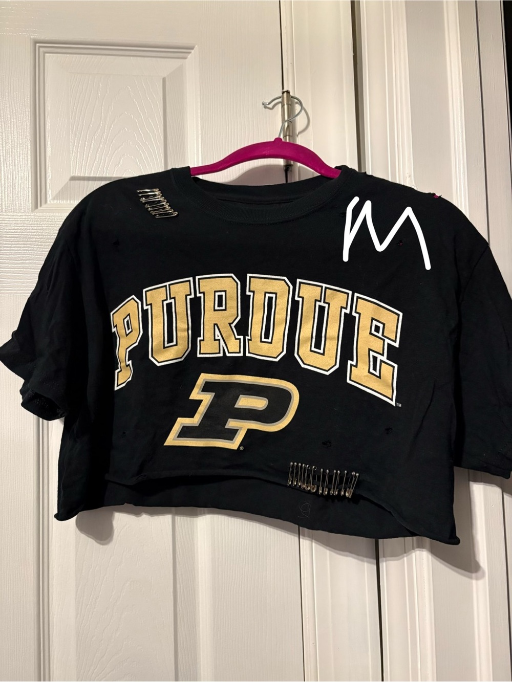 Purdue Black Cropped Tee with Gold Logo